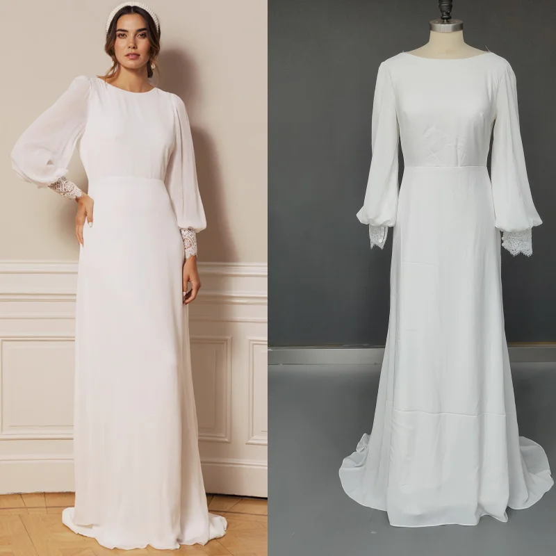 

8468#Real Photos Simple Long Sleeves Chiffon Ruched Open Back Sweep Train Wedding Dress Wedding Bridal Gown свадебный наряд