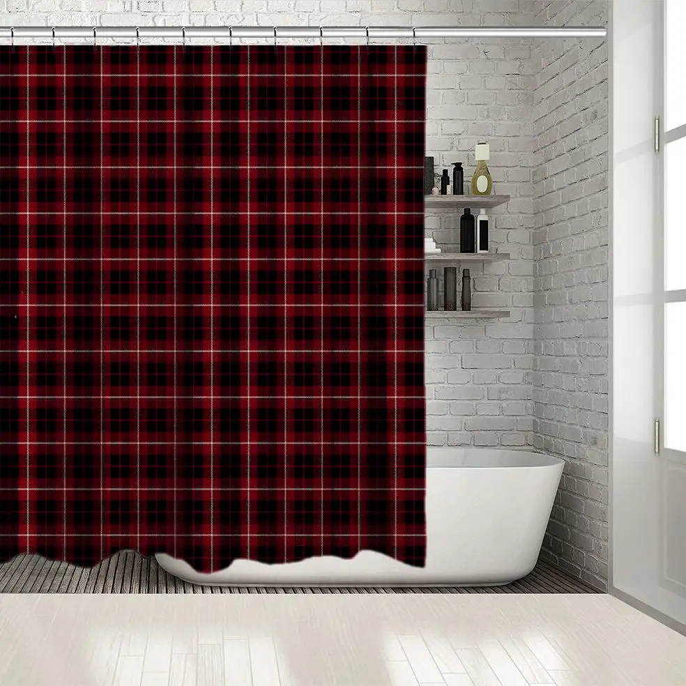 

Shower Curtain Traditional Fabric Design Vintage Check Pattern Artwork Printed Burgundy Black