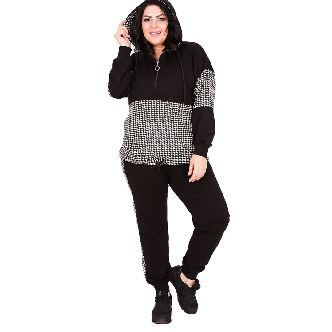 Women’s Plus Size Black Sweatsuit Set 2 Piece Houndstooth Detail Tracksuit, Designed and Made in Turkey, New Arrival