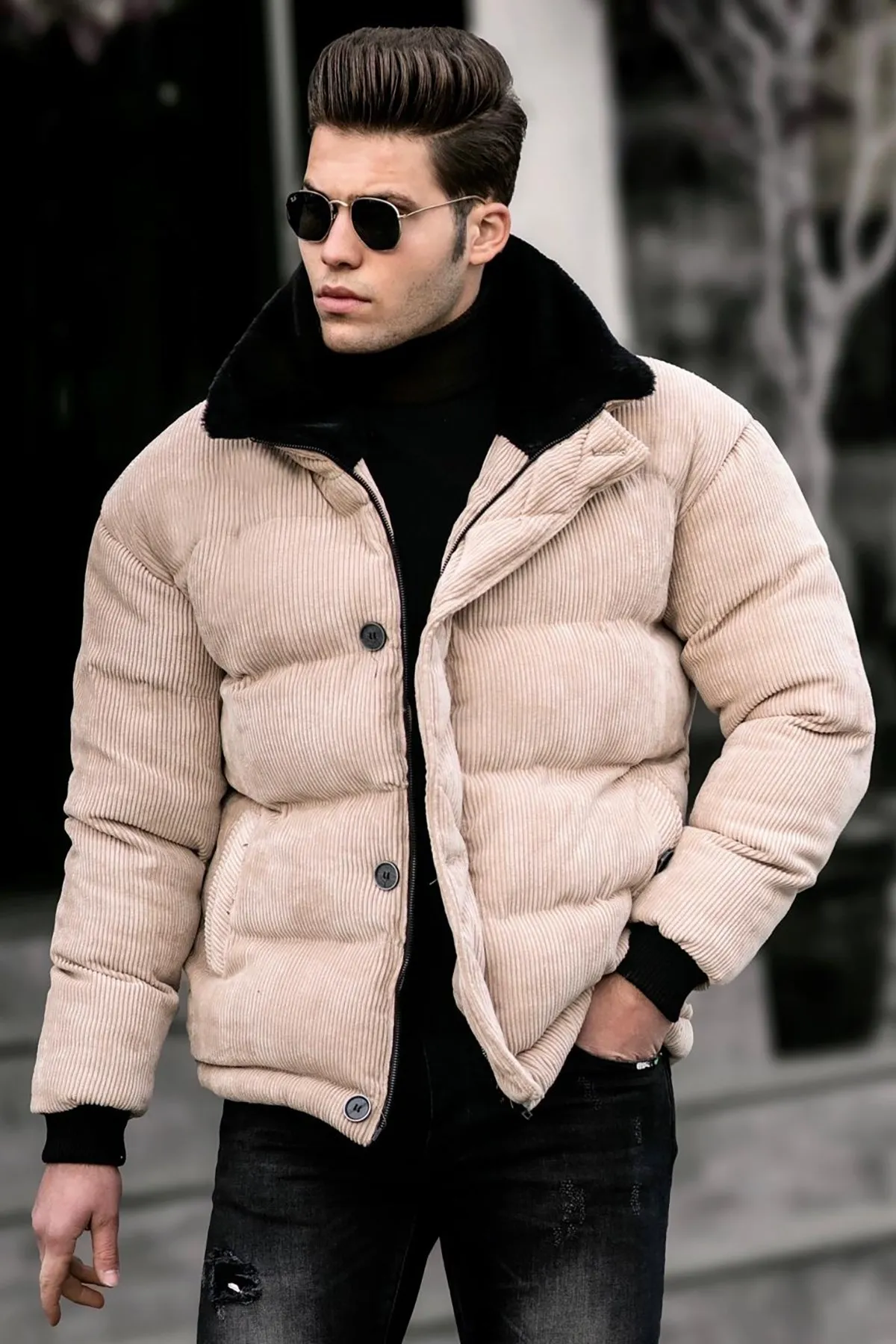 Men's Corduroy Inflatable Coat plus velvet thick Denim jacket men Casual lapel cotton Denim jacket men fur collar warm winter
