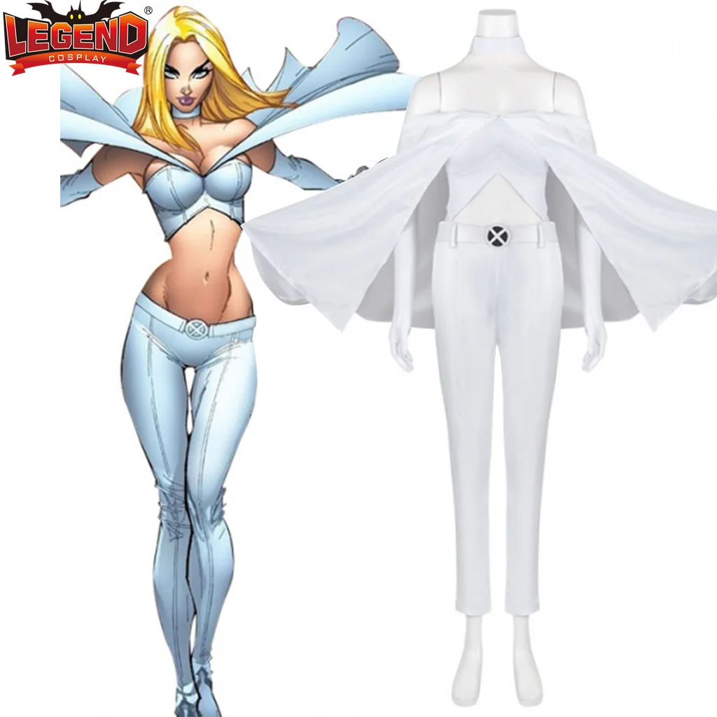 

Костюм для косплея белой королевы Эммы мороза, Женский костюм супергероя, наряд, полный костюм с топом и брюками, плащ для женщин и взрослых