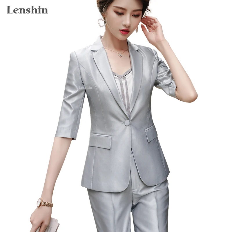 

Lenshin 2 Piece Set Half Sleeve Pant Suit with Two Pockets Summer Wear Office Lady Fashion Designs Women Blazer Calf-Length Pant