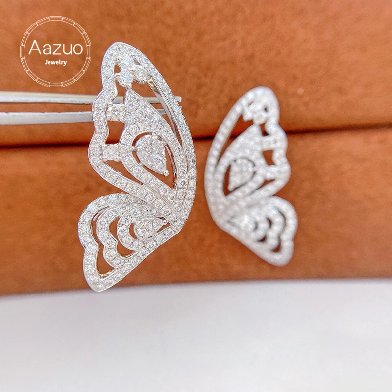 Aazuo Real 18K Pure Solid White Gold Natrual Diamonds 1.8ct Luxury Butterfly Stud Earrings Gifted For Women Wedding Party Au750