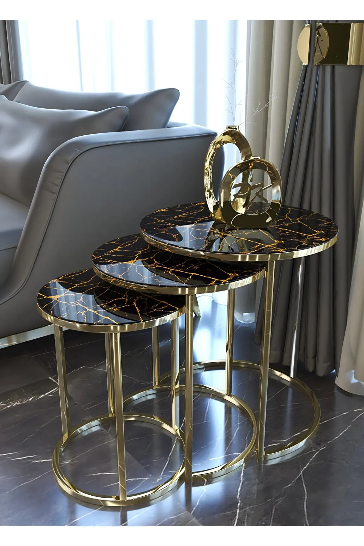 

Nesting Table 3 Pieces Lava Pattern Unbreakable Glass Gold Legs Decorative Home Furniture Coffee Table Decor Modern
