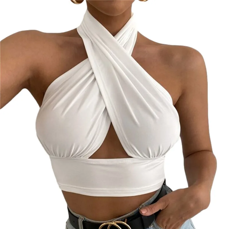 

Women Summer Tank Tops Sexy Solid Color Cross Halter Neck Push Up Hollow Crop Tops 2022 New Fashion