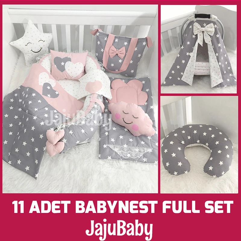 Jaju Baby Handmade Gray and Powder Star Luxury Baby Nest Baby Sleep 11 Piece Full Set Breastfeeding Pillow Stroller Cover