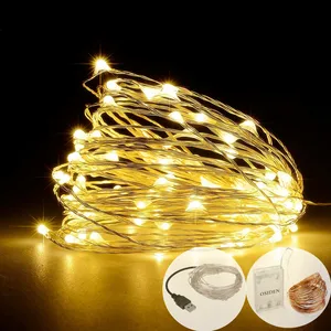 Светодиодная лента, 2-10 м, 20-100 светодиодов, уличная гирлянда, украшение для свадьбы, вечеринки, работает от батареи, серебристая, медная