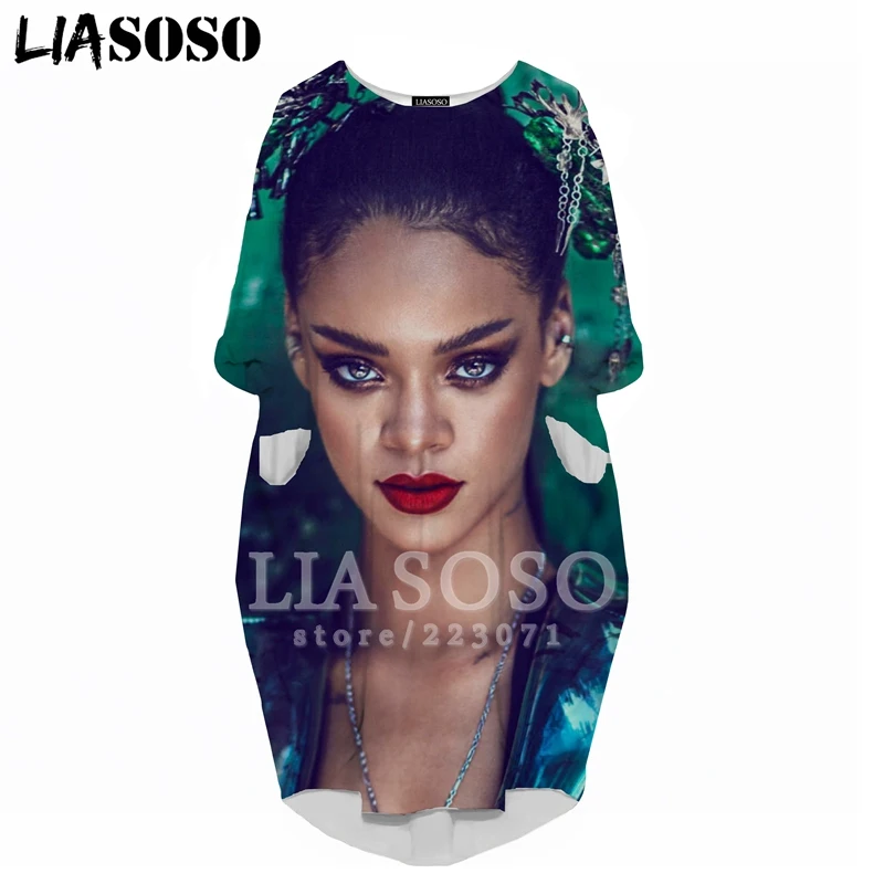 LIASOSO новая женская мода 3D печать певица Рианна с длинным рукавом платье круглым