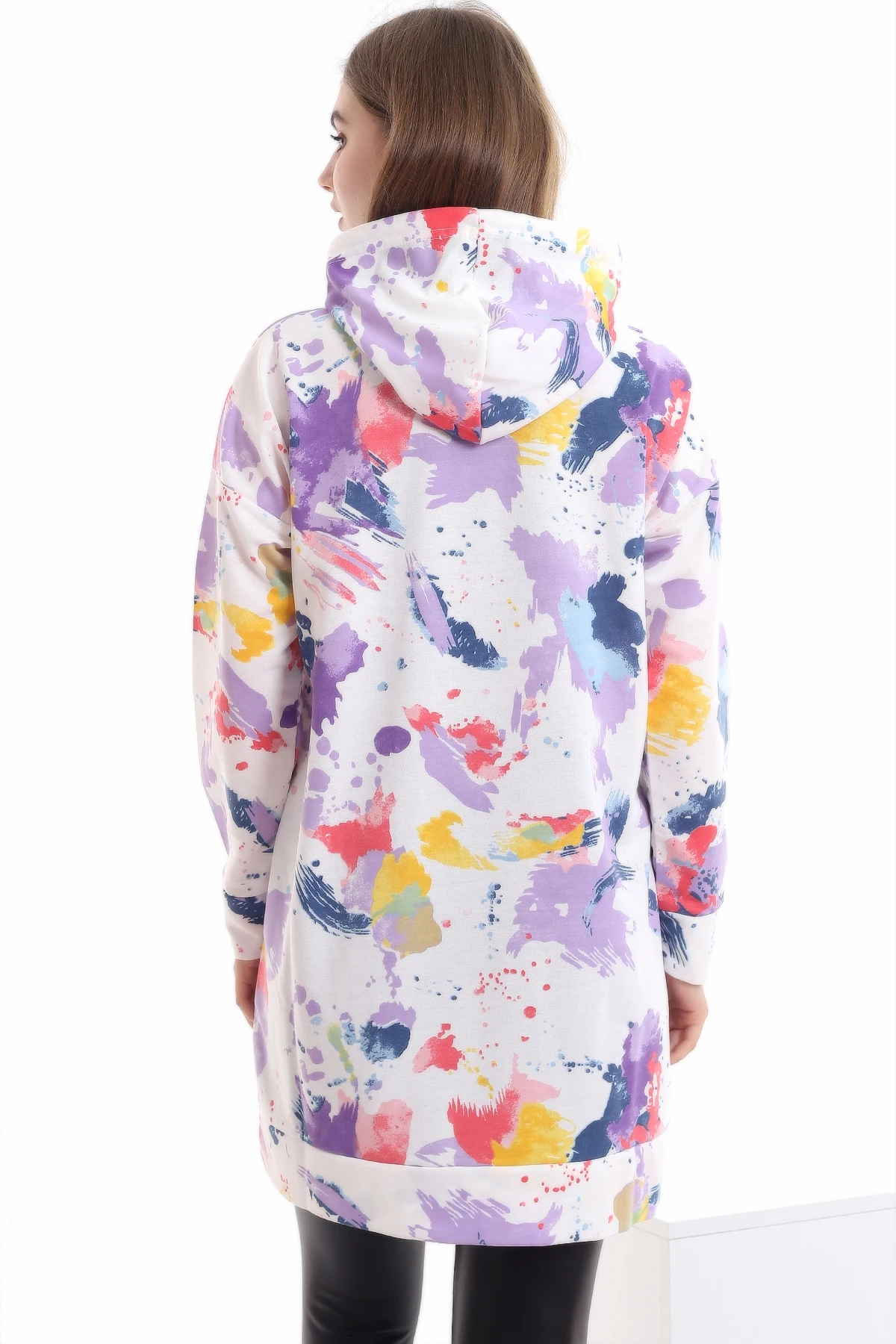 

Brush Patterned Hooded Tunic Women Long Sleeve Top Blouse Autumn Winter Warm Shirt Clothes Ladies Casual Daily Sweatshirt Hoodie