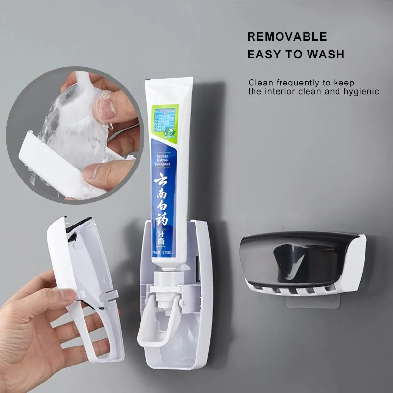 Dispensador autom&aacute;tico de pasta de dientes, soporte de pared a prueba de polvo, estante de almacenamiento, juego de accesorios de ba&ntilde;o, exprimidor-2