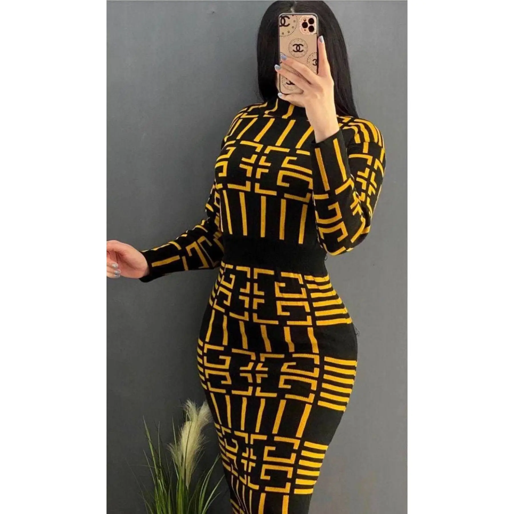 

Women's Knitted Patterned Turtleneck Maxi Dress One Size Knitwear Flexible Long Sleeve Seasonal Comfortable Dress Turkey 2021