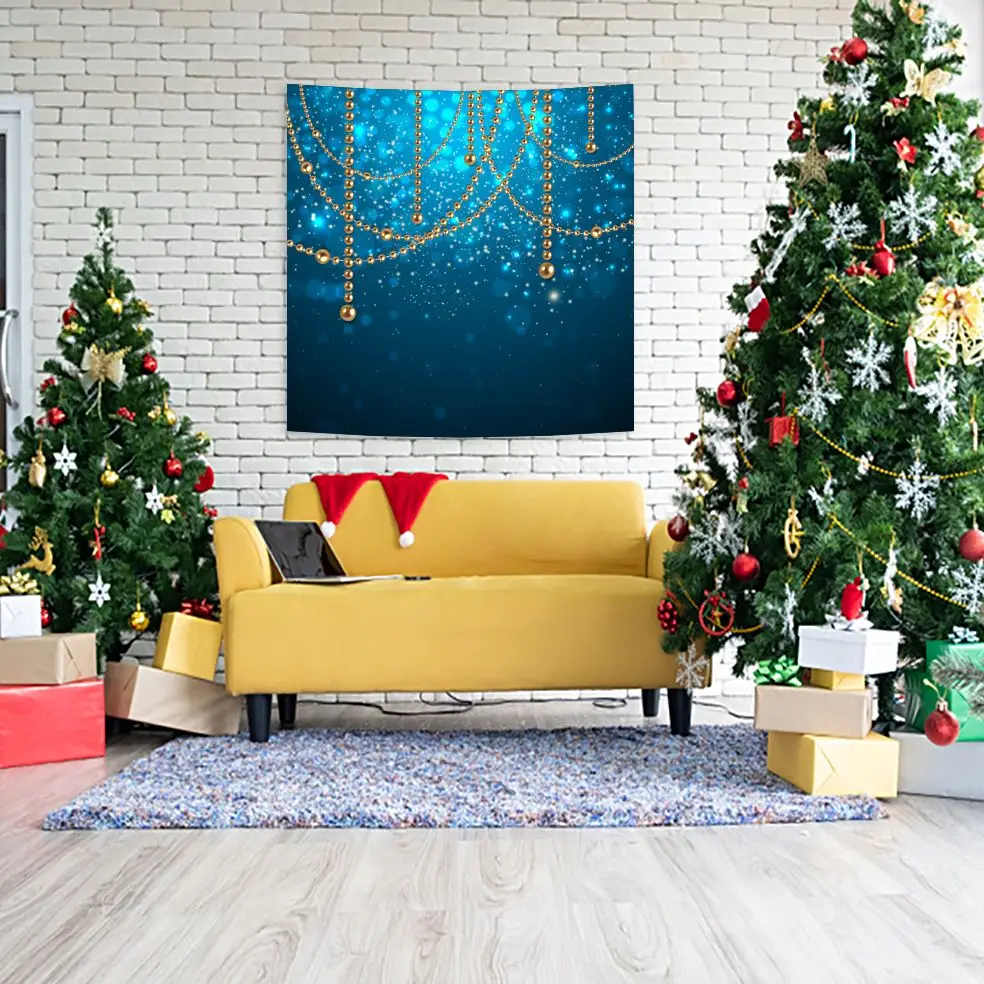 Tapestry Golden Decorating Baubles On Glowing Holiday Becomes Blurred Background Snowflakes And Stars Yellow With Blue | Дом и сад