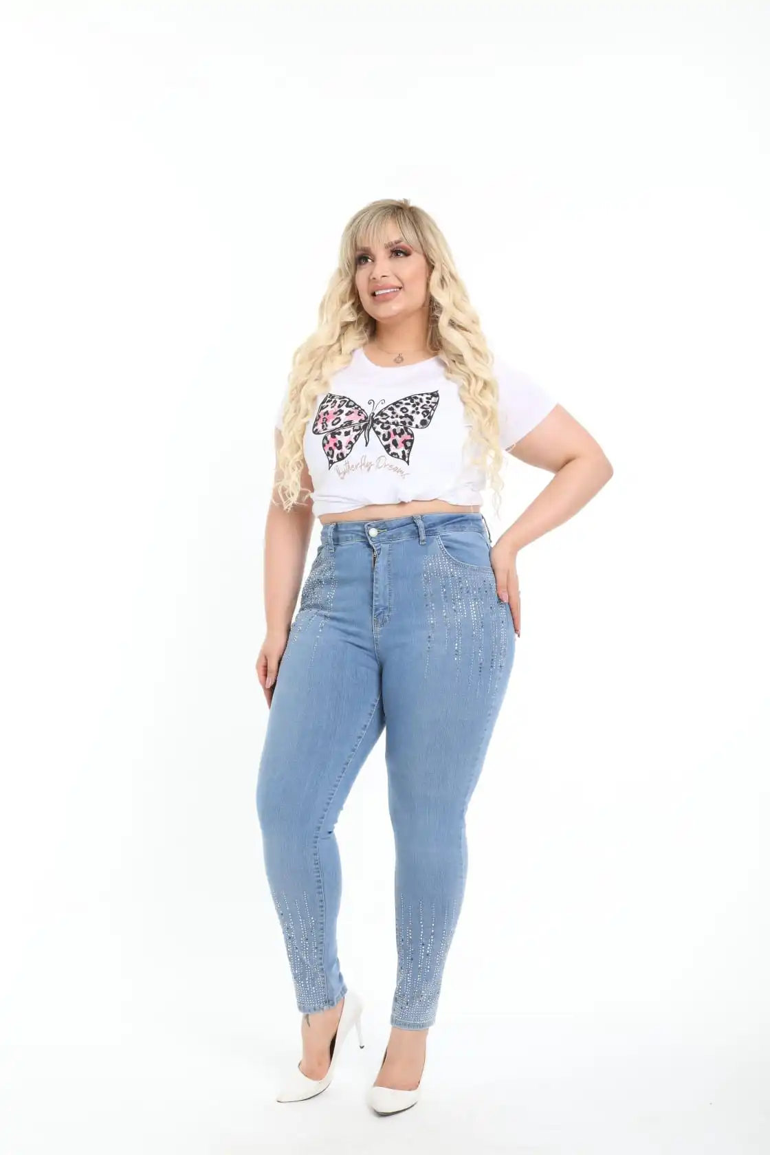 Diaves Women Plus Size High Waist Skinny Pearl Stone Pattern Detailed Blue Jeans