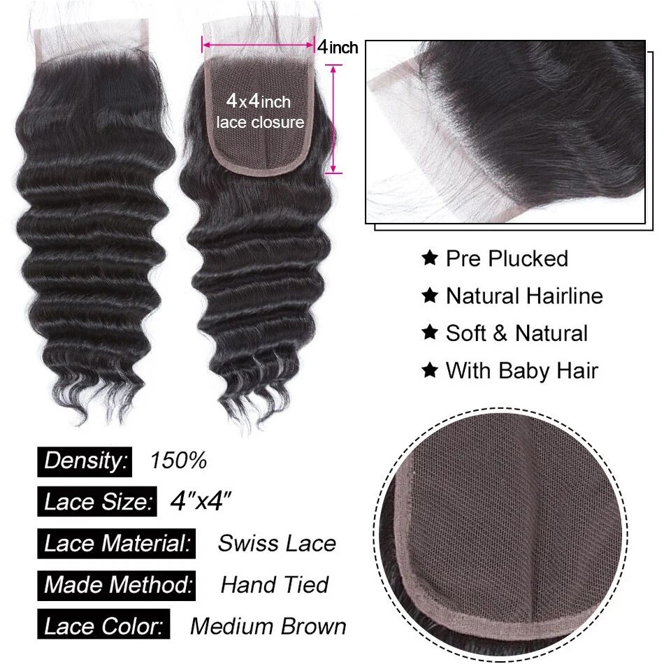 Свободные Пряди глубоких волн с застежкой 100% Реми перуанские пряди волос 3/4 Shuangya