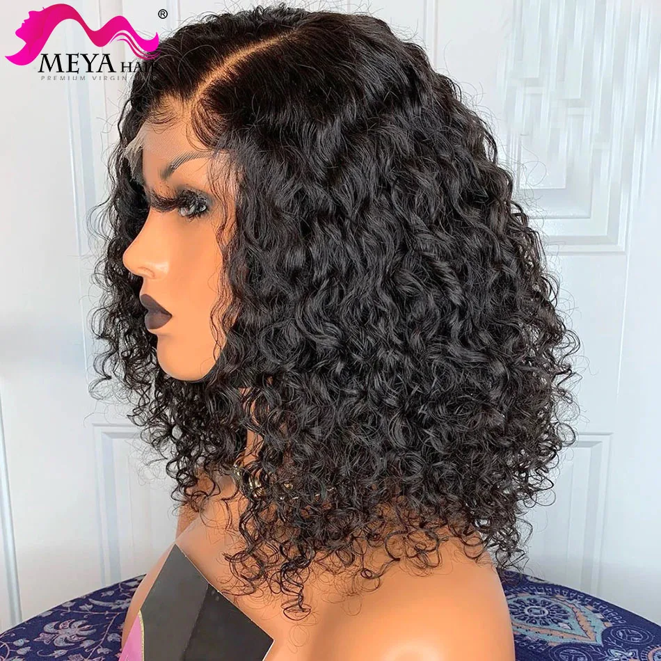 [Meya] Deep Wave Curly 4X4 Lace Closure Wigs Transparent Lace Closure Human Hair Wig Water Wave Short Bob Lace Wig 180 Density