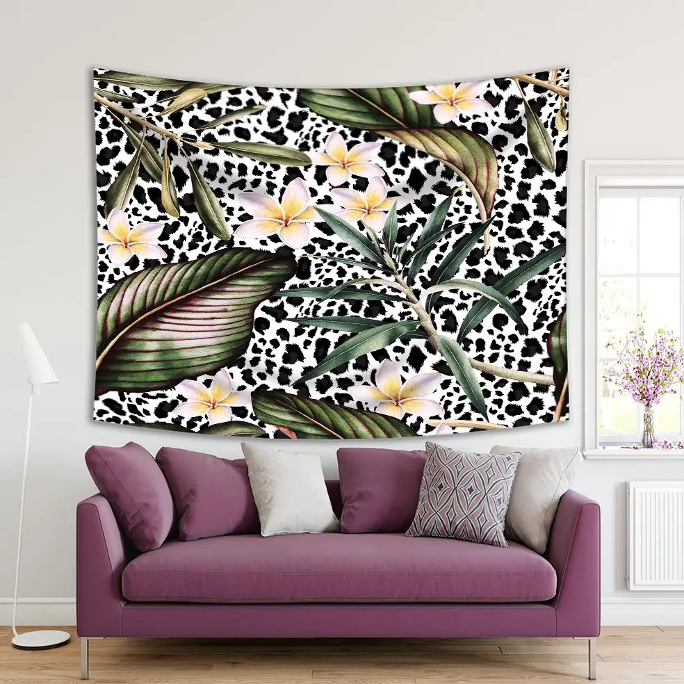 

Tapestry Tropical Flowers Leaves Plants on Animal Print Background Stylish Floral Artwork Black White Green