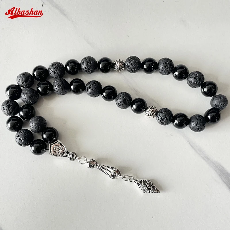 

Tasbih men lava stone with black agate turkish style muslim prayer beads bracelet Ramadan Eid gift islamic misbaha men rosary