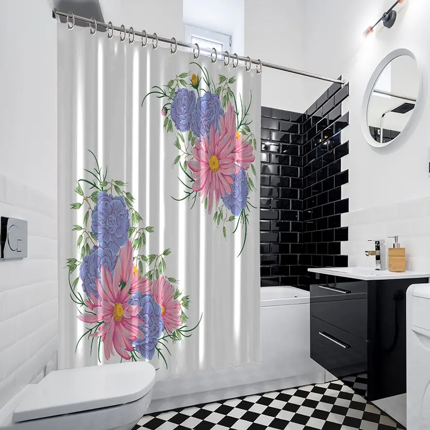 Занавеска для душа с букетом Герань Овес и ромашки цветы романтическое искусство