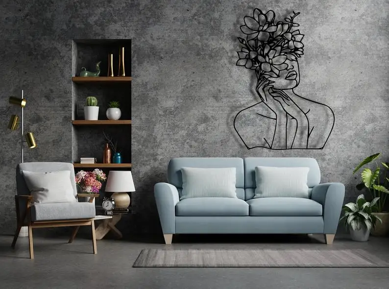 Arte de pared de l&iacute;nea, arte de pared de Metal de cara abstracta, arte minimalista, decoraci&oacute;n de pared de Metal geom&eacute;trico, decoraci&oacute;n de interiores, pared geom&eacute;trica Han-3