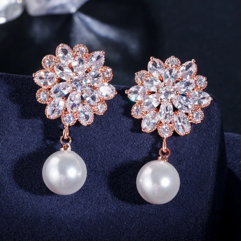 

European And American Bridal Pearl Micro-Inlaid Zircon Anti-Allergic Ladies Earrings Wholesale