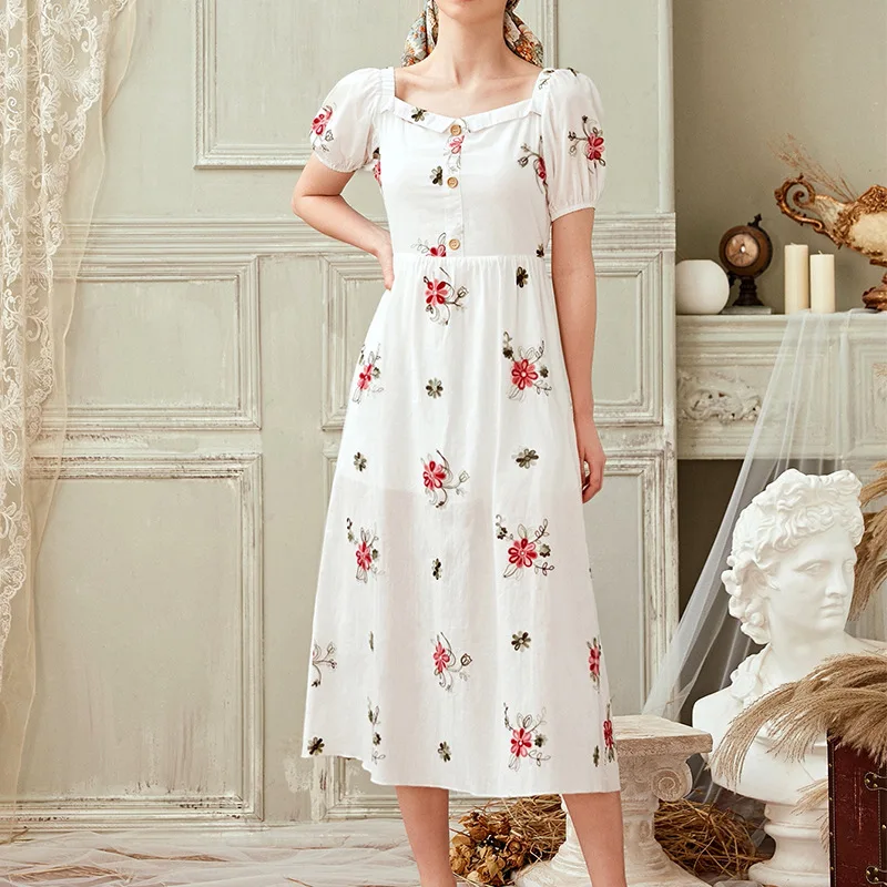 

white flowers short sleeve women summer a-line dress Casual One word collar maxi dress Elegant retro v-neck mujer vestido