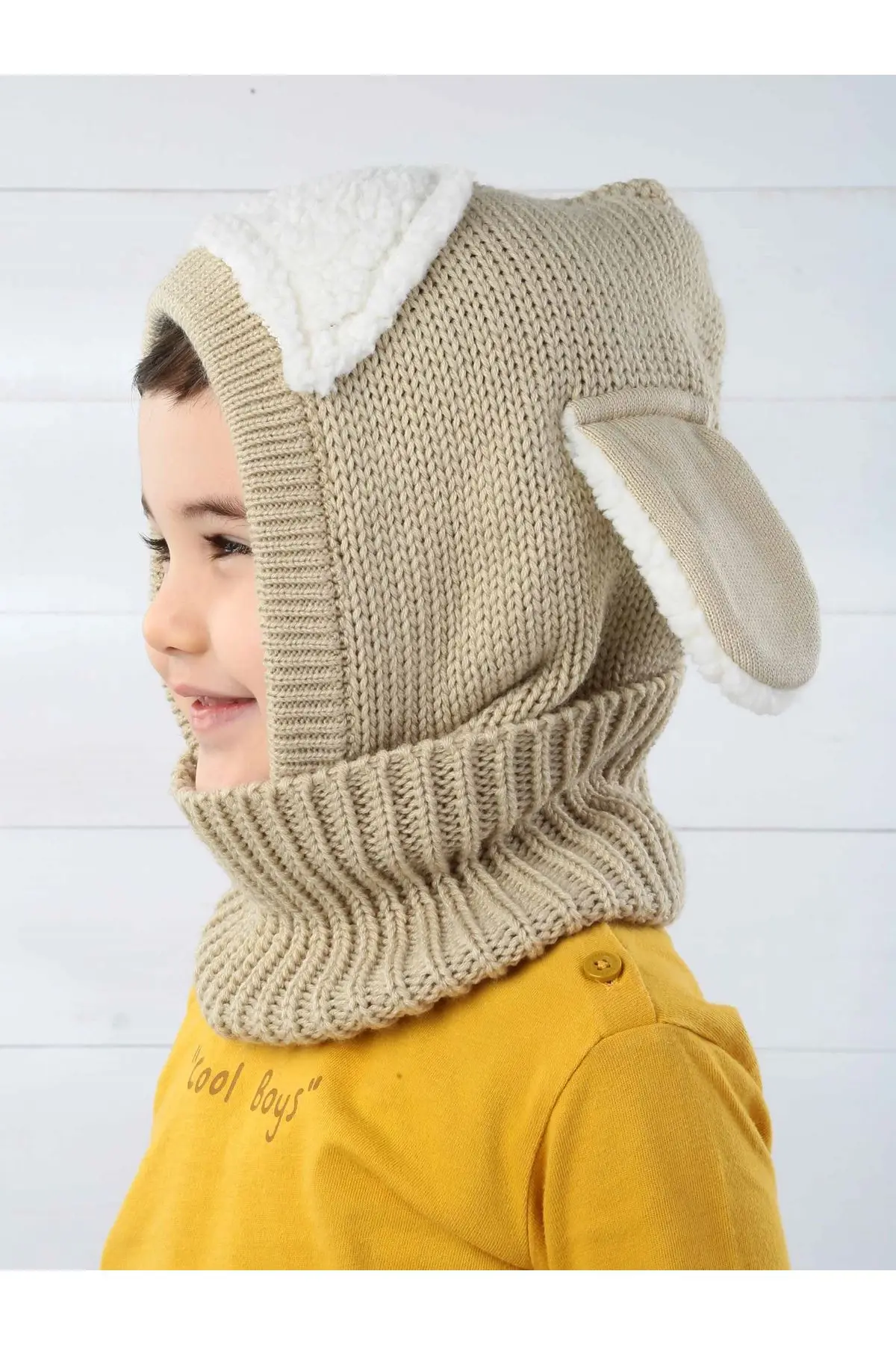 Açıkkahverengi girl boy scarf beret with lamb ears 1-7 old compatible cute pattern |