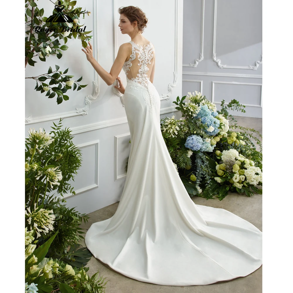 

Mermaid Wedding Dresses 2022 Bridal Gowns Sleeveless Sweep Button TANK O-Neck Satin Floor-Length Appliques Lace платье женское