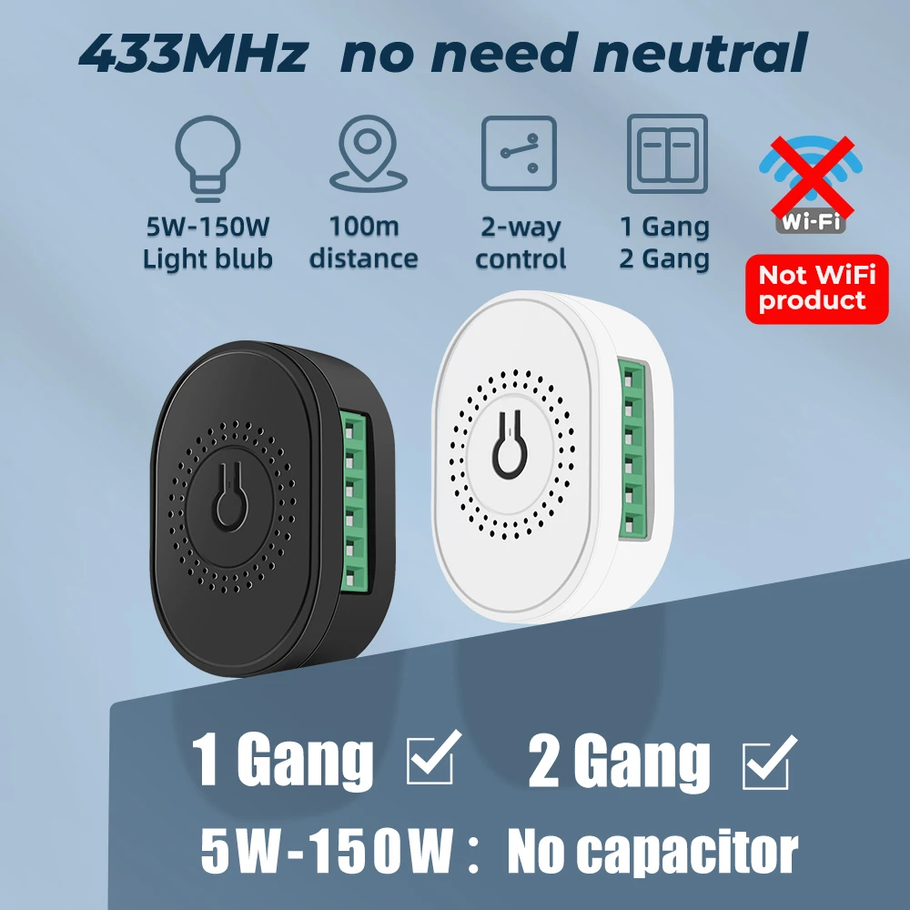 Без нейтрального провода 1/2 Gang 2 Way RF 433MHZ Switch Light Smart Wireless Module Home Electric Control Wall On Off Breaker