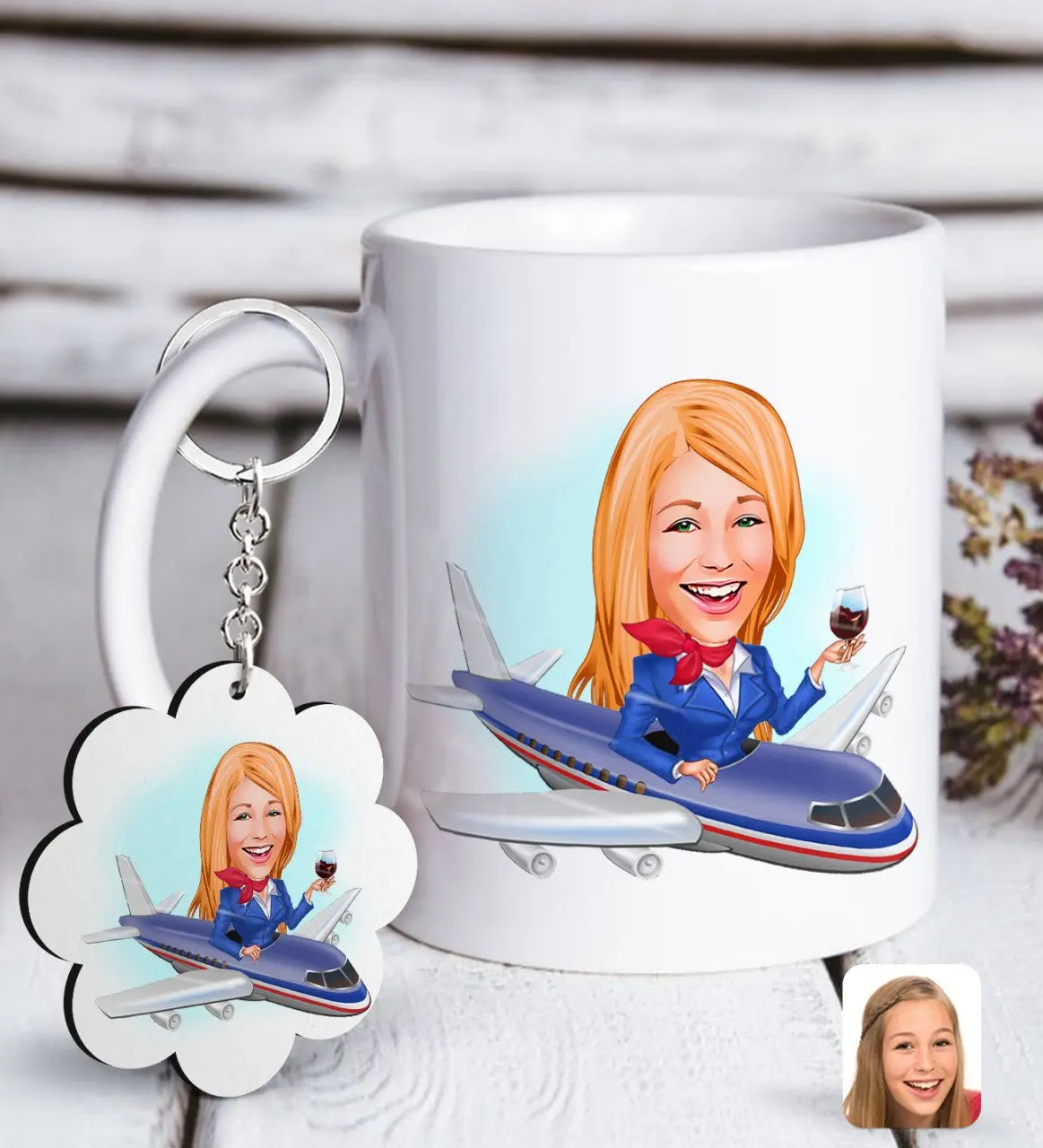

Personalized Stewardess Caricature Of White mug And Keychain Gift Seti-1