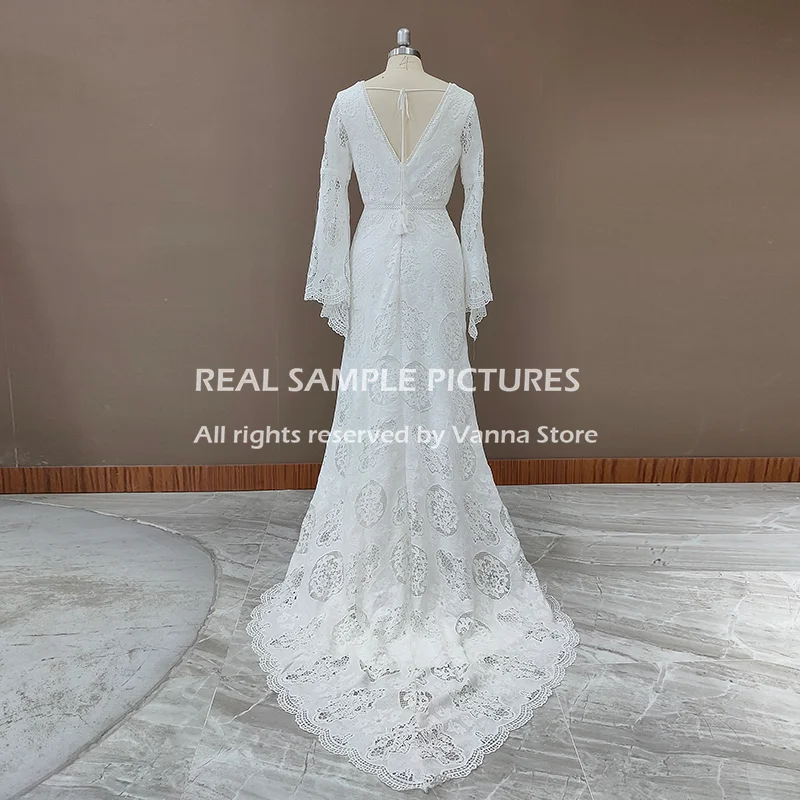 9957#Lace Boho Wedding Dresses Long Sleeves A-Line Backless Sweep Train Pleats Beach Bridal Gowns Bride Dress Vestido de noiva