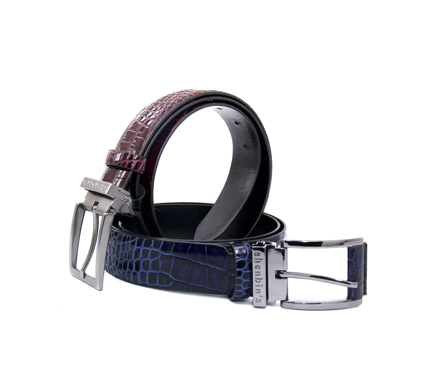 

Men's Handmade Belts with Shiny Embossed Realistic Croco Patterned Calf Leather, Burgundy & Blue Color, Limited Edition Belt
