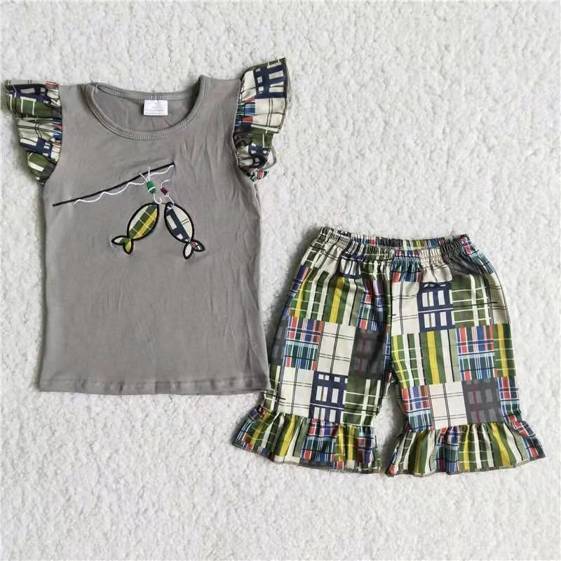 

summer kids clothes baby girl clothing set flutter sleeve grey top and shorts silk milk western girl clothes set