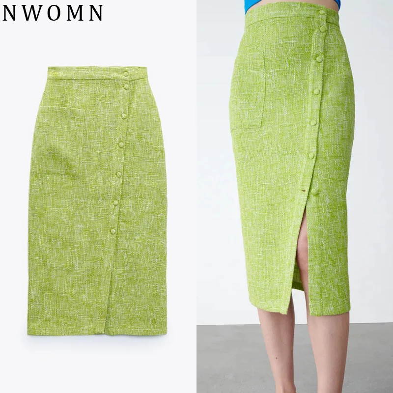 

Зеленая Женская юбка NWOMN Za 2021, летняя женская юбка с высокой талией и карманами, текстурированные элегантные длинные юбки миди, Женская офис...