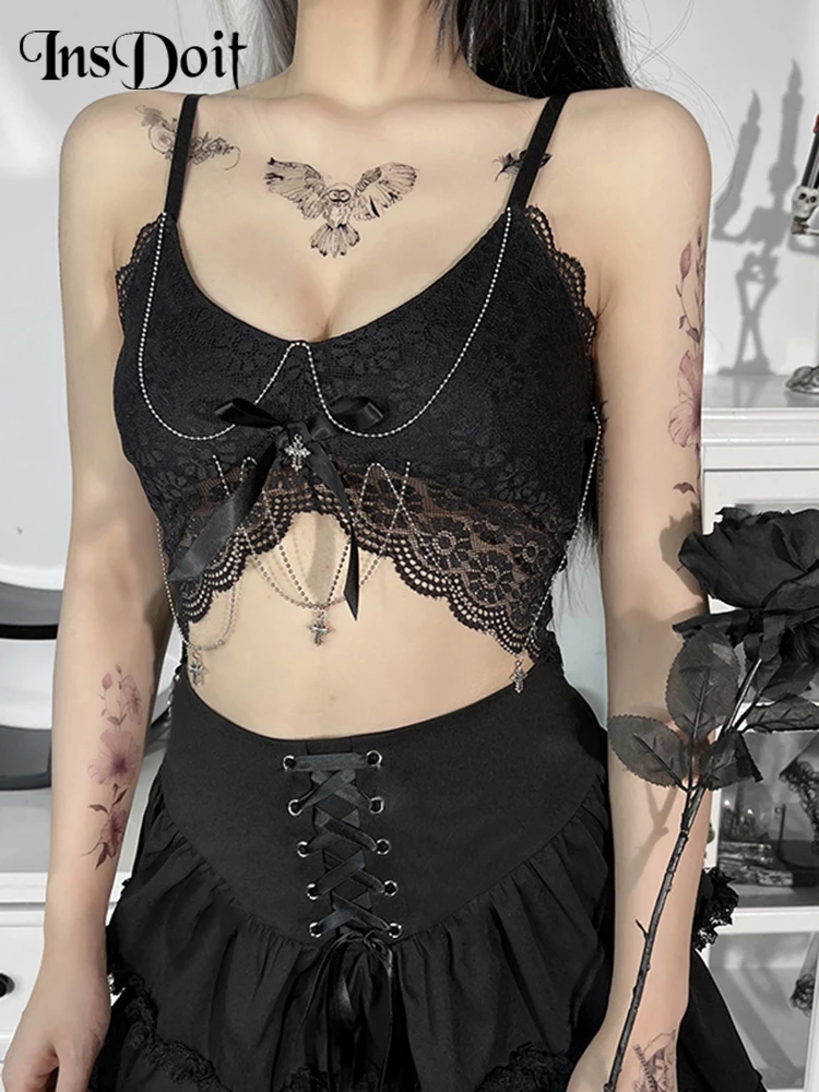 

InsDoit Gothic Lace Black Summer Camis Women Punk Grunge Chain Sexy Corset Crop Top Streetwear Backless Sleeveless Aesthetic Top