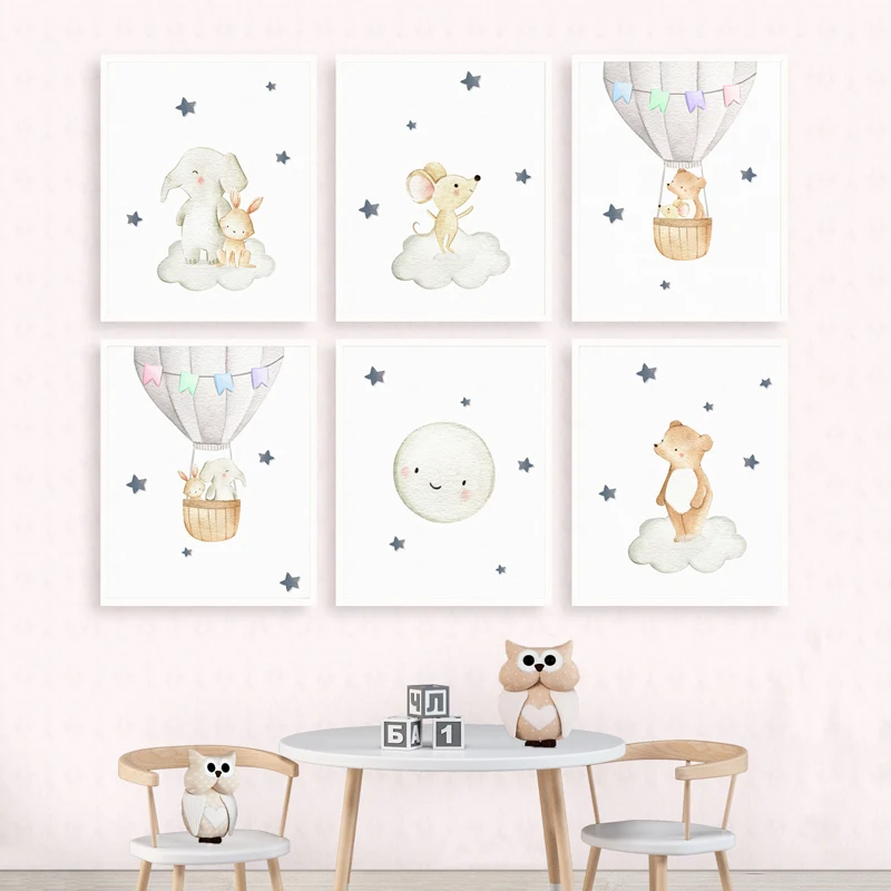 Детские настенные художественные картины декор Мультяшные животные Облака