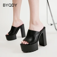 byqdy new peep toe sandals women high heels concise solid platform shoes summer heeled slip on mules black white high quality