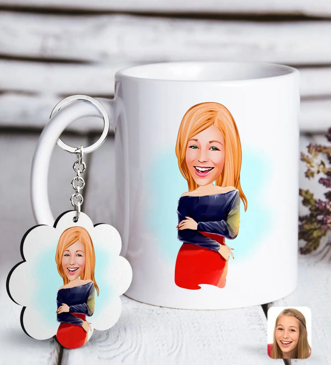 

Personalized Women 'S Caricature Of White mug And Keychain Gift Seti-12