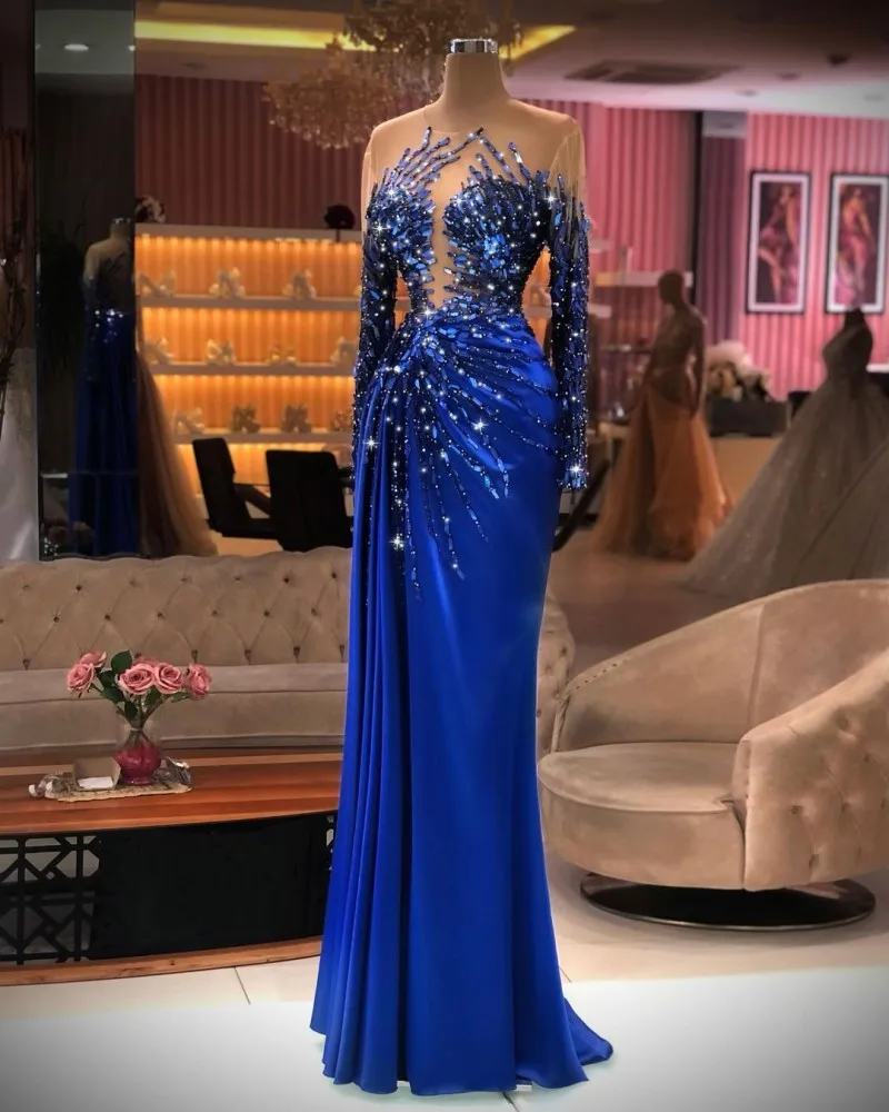 

Elegant Blue Evening Dresses For Women Long Sleeves Sheer Neck Crystal Beading Mermaid Prom Dress Party Wear robe femme soiree