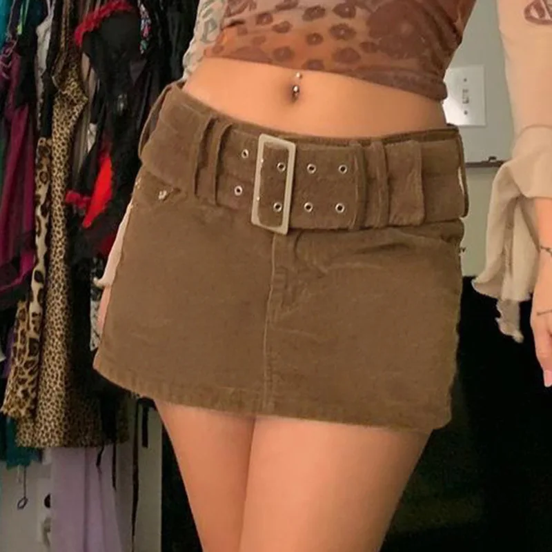 

90s Brown Corduroy Y2K Woman Skirts With Sashes Preppy Style Clothes Low Waist Bandage Vintage Aesthetic Sexy Bodycon Mini Skirt