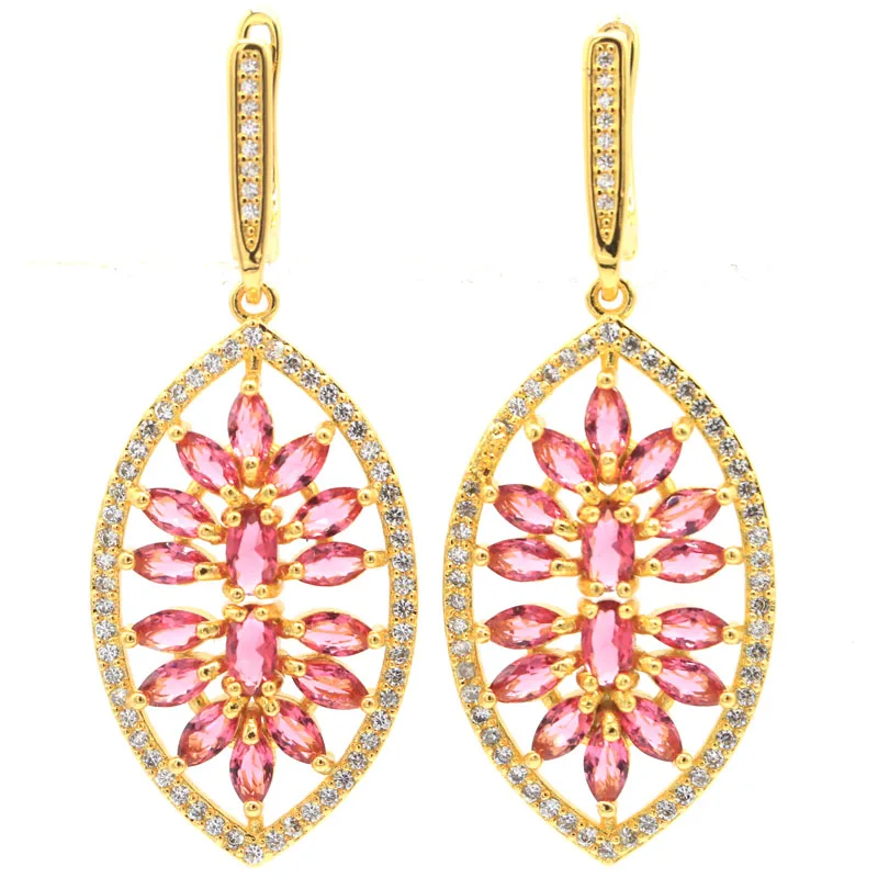 

Свадебные женские серьги с розовым турмалином и белым фианитом, 14 к, 50 х19 мм