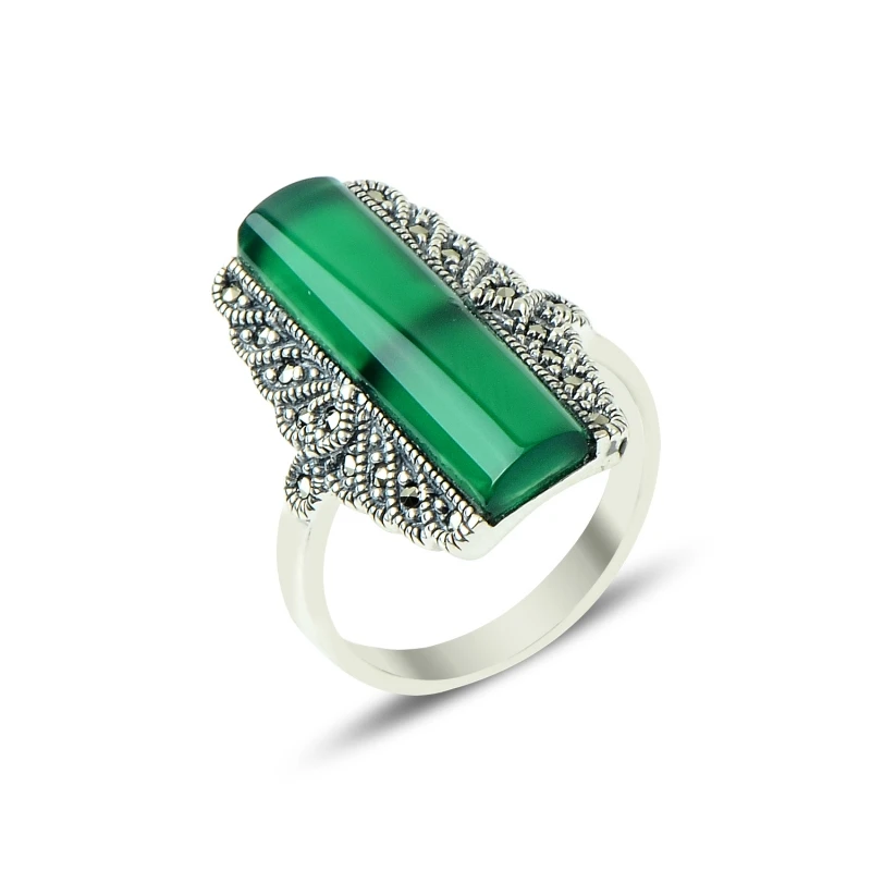 

Серебряное 925 пробы кольцо из марказита и агата