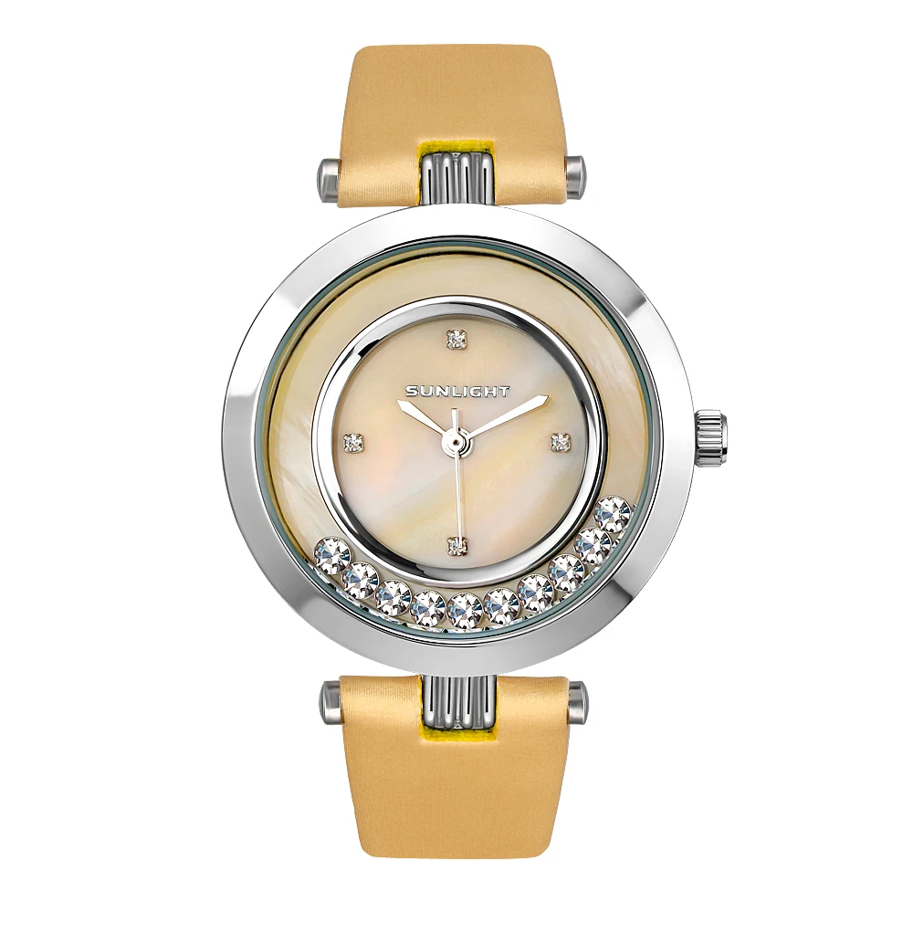 Женские часы с перламутром и танцующими кристаллами на сатиновом ремне