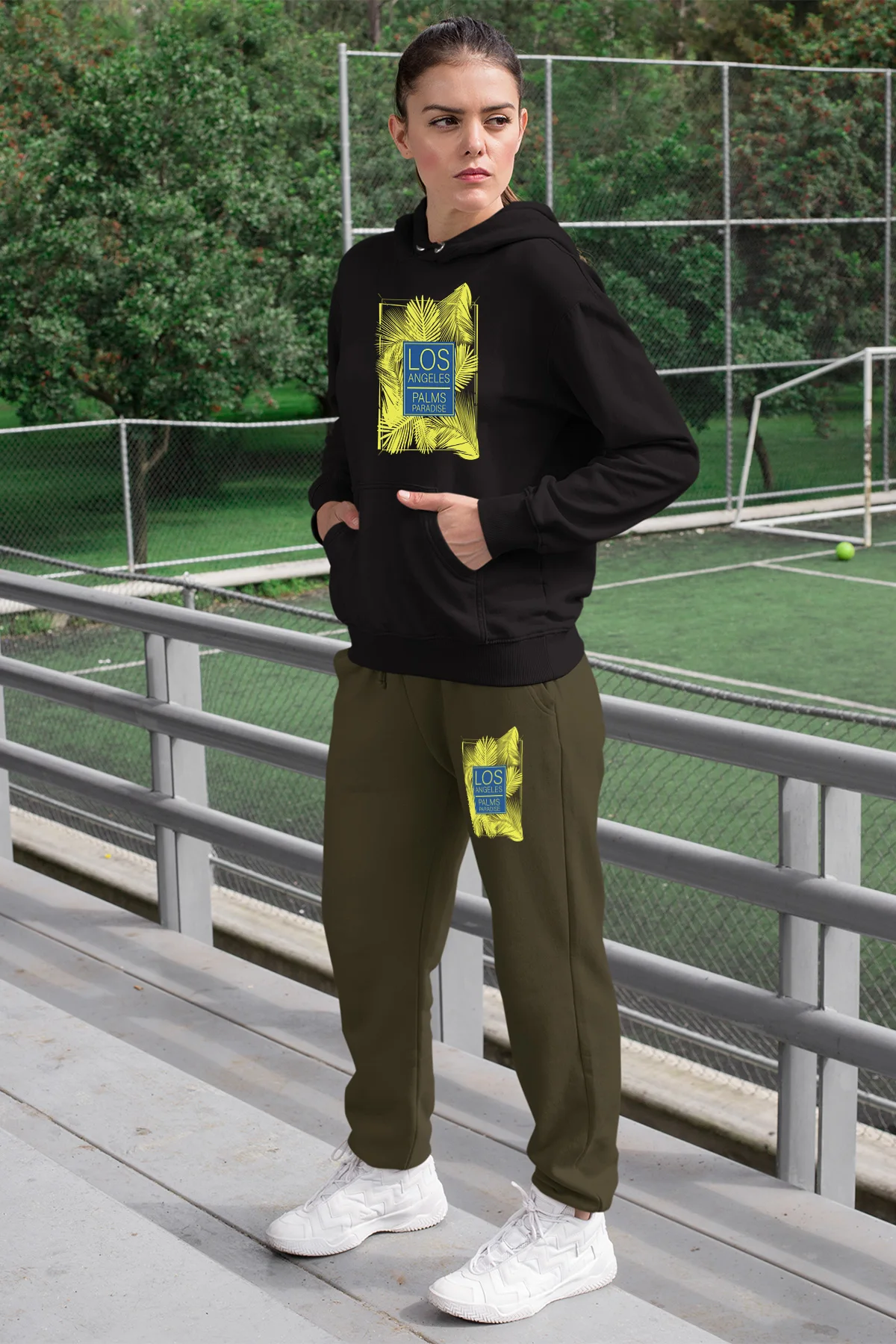 Женский спортивный костюм Angemiel черный свитер с капюшоном зеленые спортивные