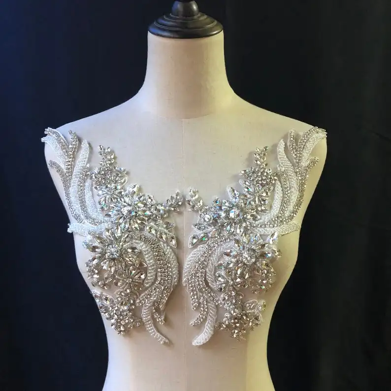 

Pink French Bead Applique Crystal Bodice Patch Heavy Bead Applique For Couture WK1208