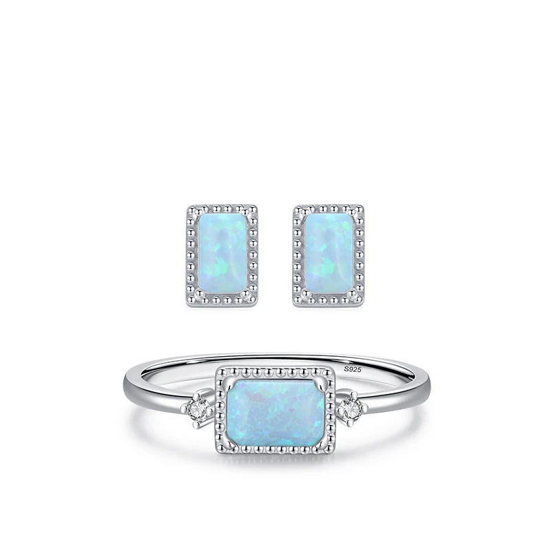 

New Pop Colorful Opal Inlaid Rectangle Women Stud Earrings Stud Earrings Ring Jewelry Set for Women Wedding Gifts