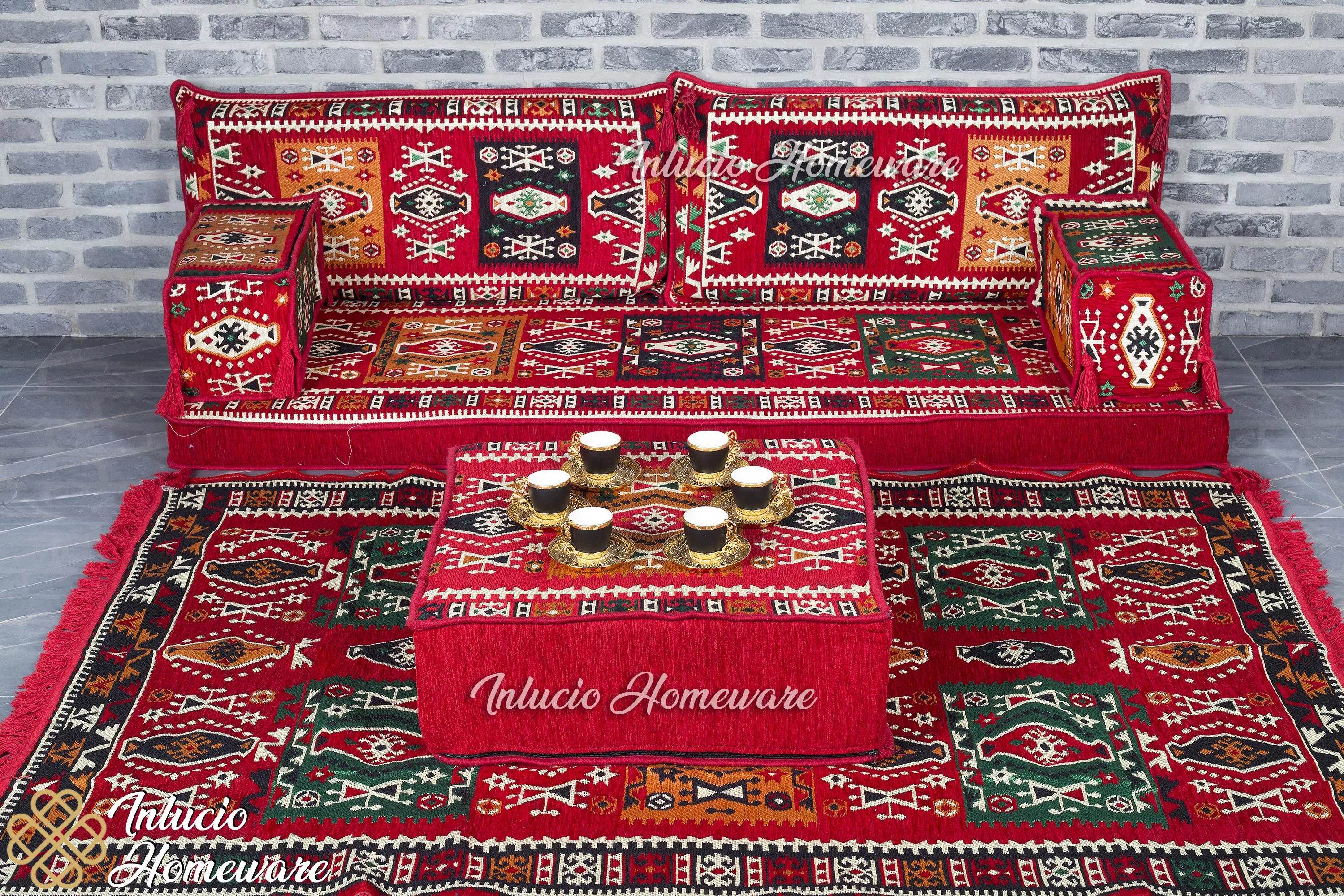 

Arabic Majlis Set Arabic Jalsa Japanese Sofa Floor Cushion Sofa Red Sofa Traditional Pillow Set Carpet Ottoman Furniture