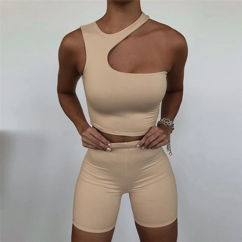 

CIBBAR Solid Irregular Workout Two Piece Sets Women Casual Basic Crop Tops+High Waist Biker Shorts Suits Female Skinny Sportwear