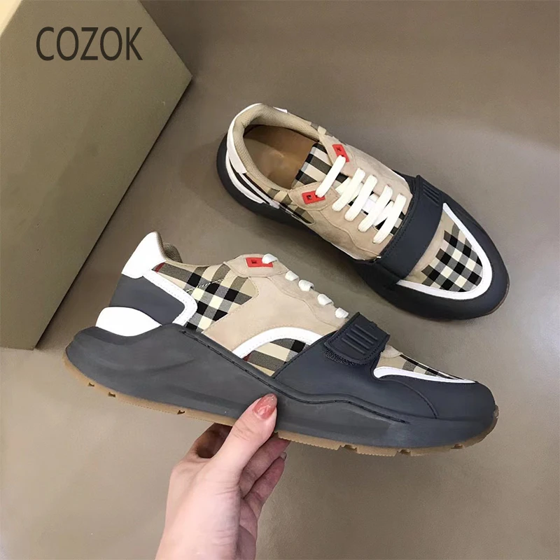 

Mens Velcro Increase Soft-soled Womens Fashion Sneakers High-Quality Leather Canvas Stitching Casual Running Couple Daddy Shoes