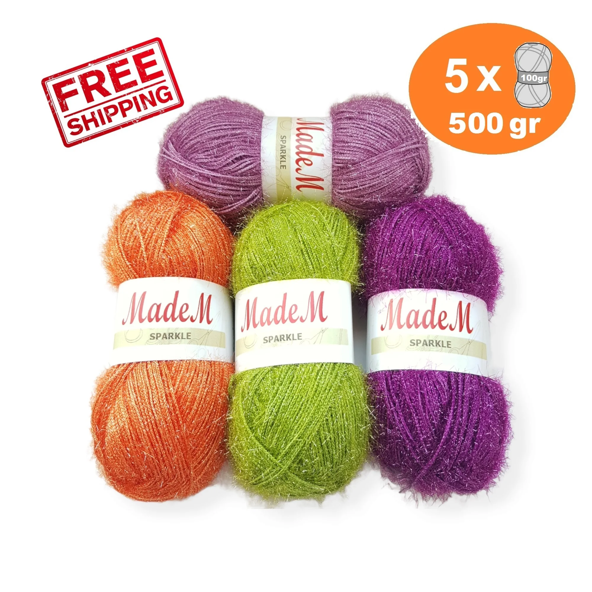 

MadeM Sparkle Yarn 5x100gr-250mt Hand Knitting Crochet Thread %34 Lurex Metalic String Fancy Fuzzy Cord Cyristal Shiny Brilliant