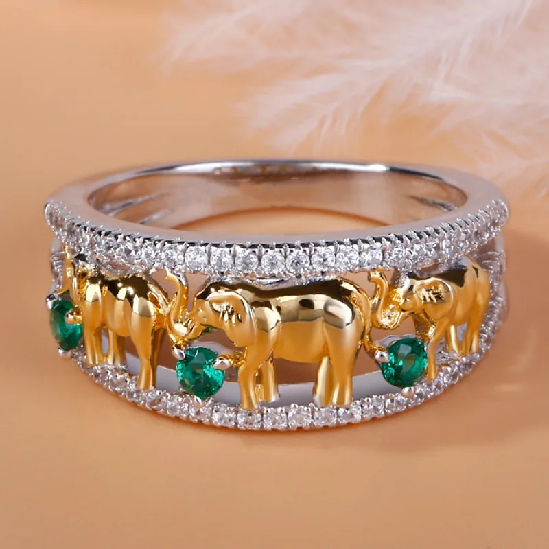 Fashion Income Lucky Elephant Ladies Ring Two Tone Round Cut Animal Jewelry Wedding Rings Anniversary Engagement Birthday Gifts